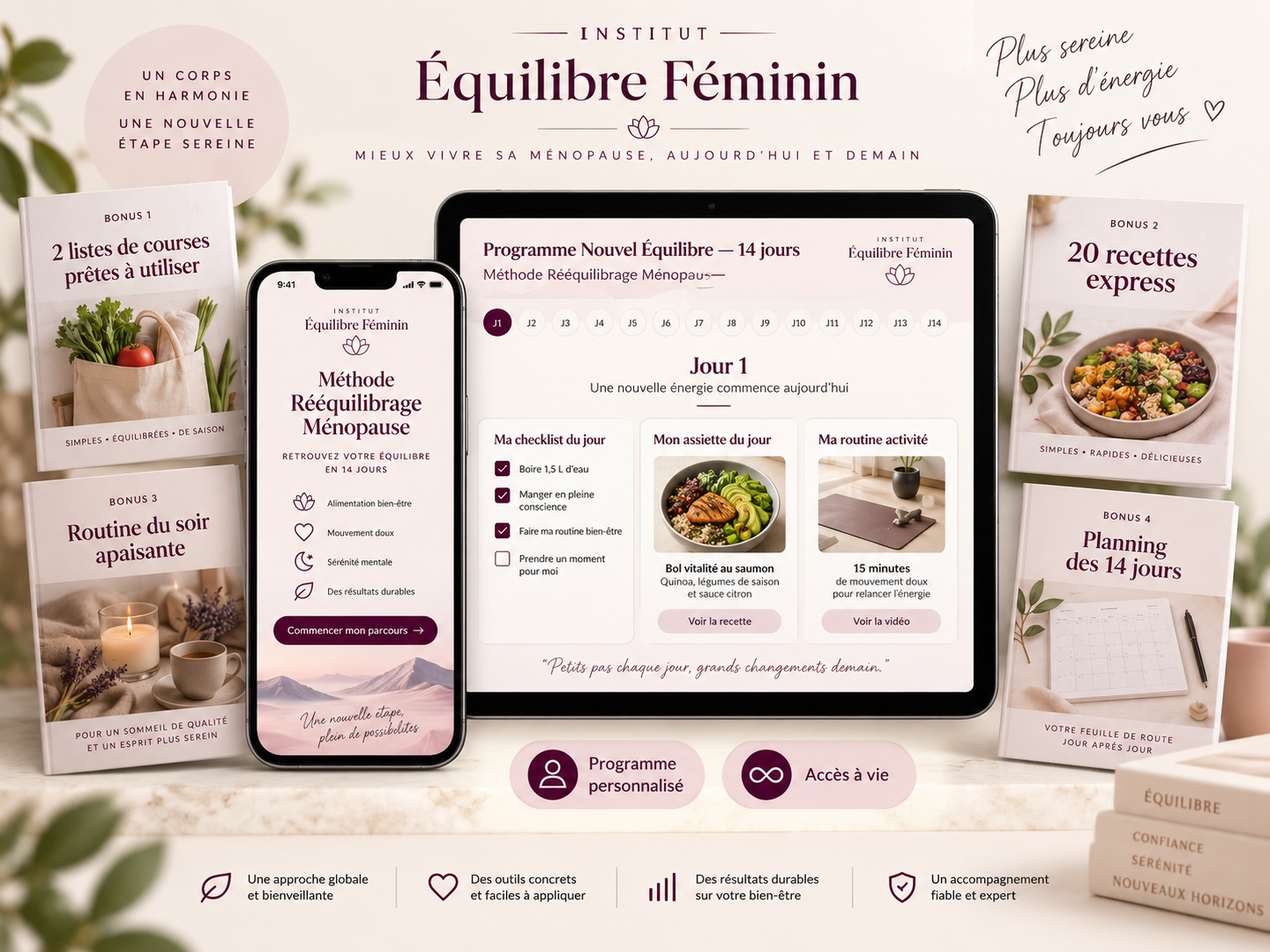 Programme Nouvel Équilibre présenté sur téléphone et tablette avec ses quatre bonus