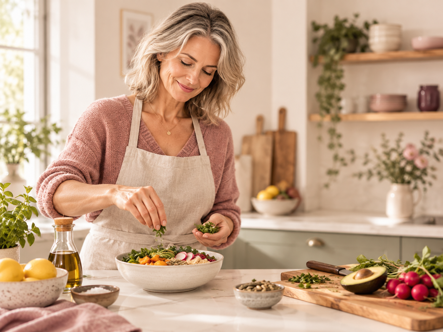 Une femme préparant un repas simple dans une cuisine lumineuse